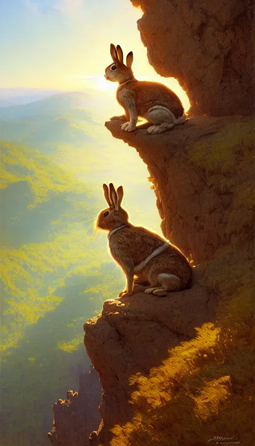 Image similar to rabbit looking off of a cliff, sun setting behind rabbit, lush forest in valley below, painted by tom bagshaw, james gurney, gaston bussiere, craig mullins, j. c. leyendecker 8 k