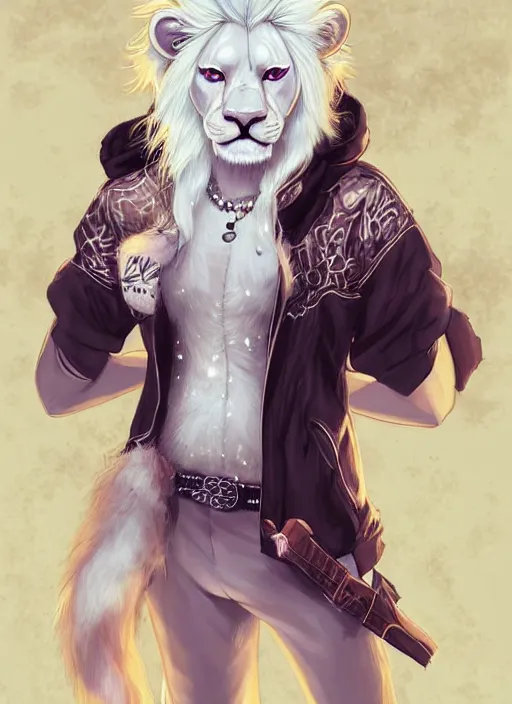 Image similar to award winning beautiful portrait commission of a male furry anthro albino lion fursona with a tail and a cute beautiful attractive detailed furry face wearing rockstar clothes on a live stage. Character design by charlie bowater, ross tran, artgerm, and makoto shinkai, detailed, inked, western comic book art