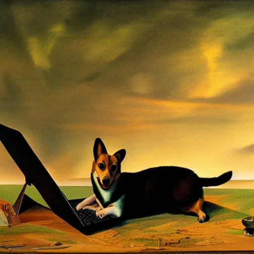 Prompt: corgi sitting behind laptop at sunset drinking cocktail on bed among the greenery, drawn by salvador dali, surrealistic scene