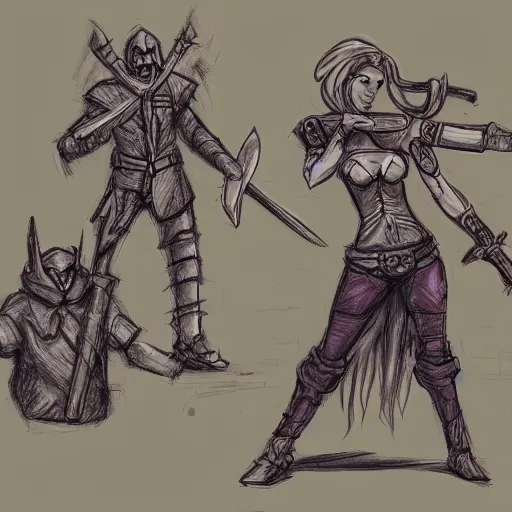 Image similar to a shotgun - toting union hunter and a noble, sword - wielding magical girl stand back to back against a wall while darkspawn creatures approach them. concept art storyboard sketch