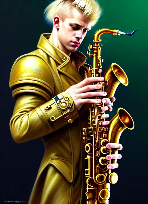 Image similar to portrait of a blond man playing sax, warhammer 40000, cyberpunk, intricate, elegant, highly detailed, digital painting, artstation, concept art, smooth, sharp focus, illustration, art by artgerm and greg rutkowski and alphonse mucha and Gustav Klimt