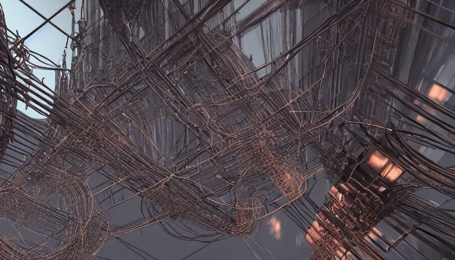 Image similar to Intricate Structure with cables wrapped around with insane Details, High Detail Rendering, Octane, Redshift, Unreal Engine 5, Cinematic Lighting, Cinematic, Depth of Field, Anamorhpic Lens, Hyperrealism, Hyperdetailed, Smooth Gradients, Color Palette