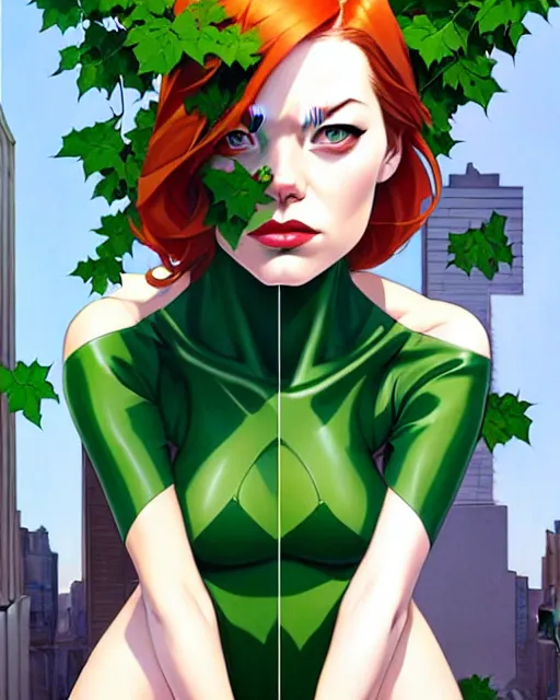 Image similar to joshua middleton, phil noto, artgerm, emma stone poison ivy dc comics, vines, symmetrical eyes, city rooftop