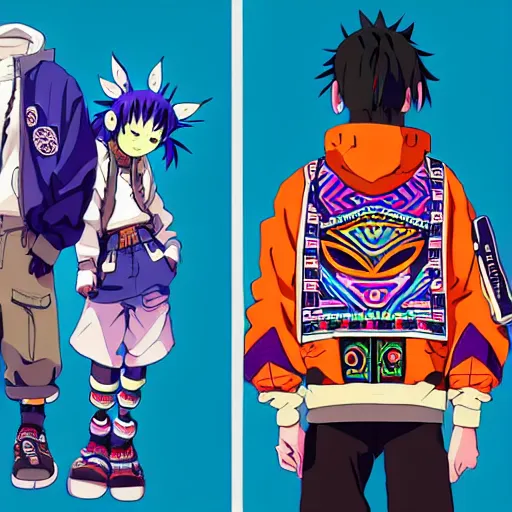 Image similar to majora majora's mask wearing oversized mayan bomber jacket with overalls, bulky poofy bomber jacket with mayan patterns, aztec street fashion, genshin impact art style, gapmoe yandere grimdark, trending on pixiv fanbox, painted by greg rutkowski makoto shinkai takashi takeuchi studio ghibli, akihiko yoshida