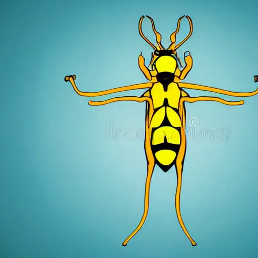 Image similar to human man that resembles a wasp morh in surreal sketch style, blue and yellow gradient, noise, ultrafine detail, hd 8k, logo illustration