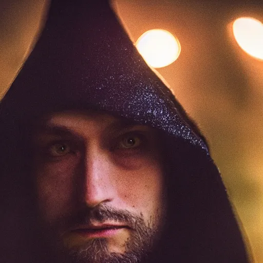 Image similar to portrait of a mysterious wizard with a Hood, bright eyes, fantasy, bokeh, magic lights, cinematic