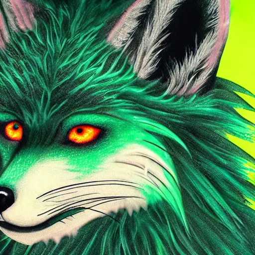 Image similar to close up of photorealistic green fox with green fur and glowing magenta eyes, wearing a black hoodie