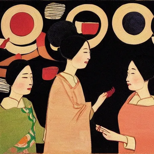 Prompt: “a painting of friends doing celebration by Will Barnet”