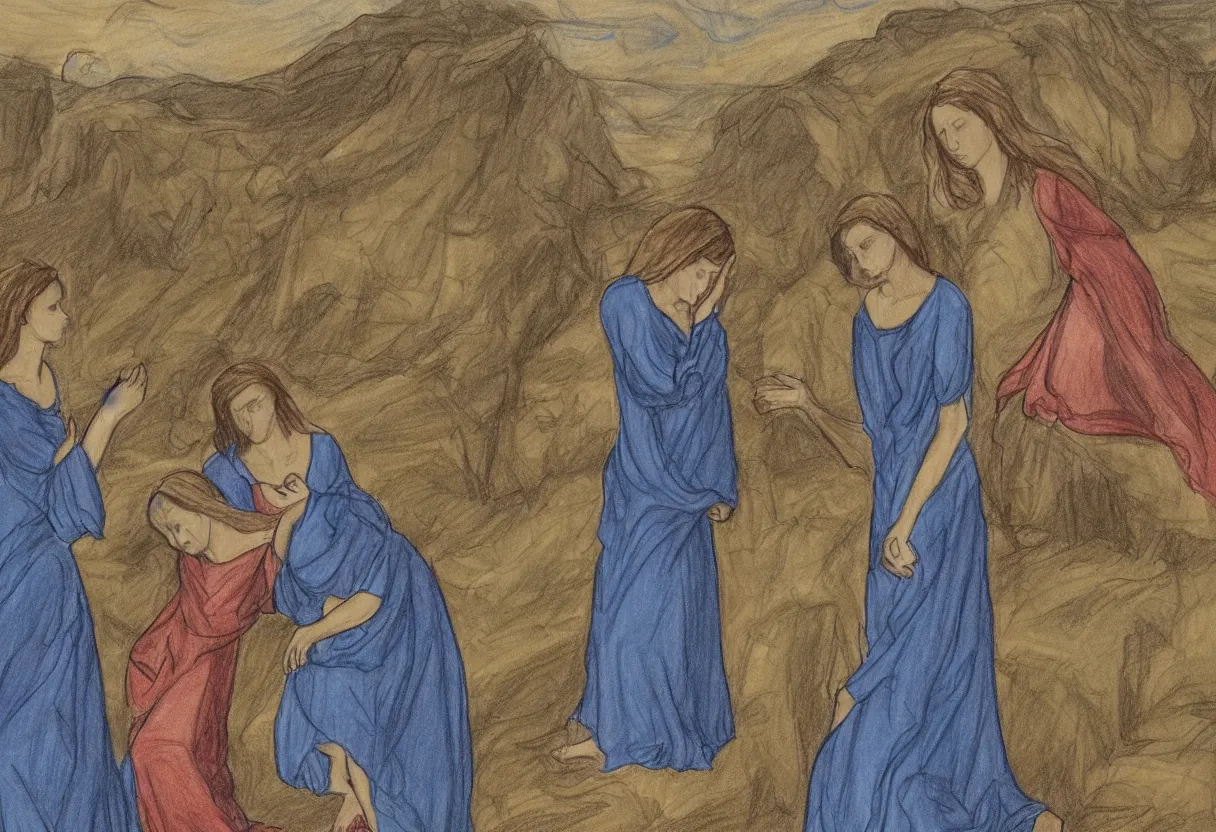 Image similar to a drawing of 3 maria's with blue dresses in a landscape crying at the death of christ