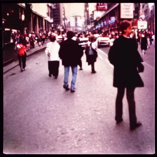 Image similar to wide - shot very low - angle, messy photo of people in the busy street, crossing road, polaroid photo, by andy warhol