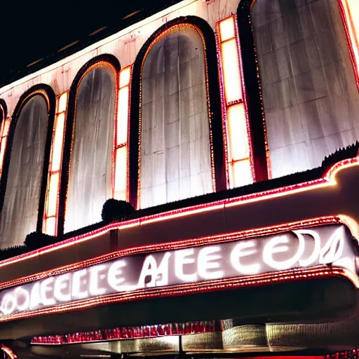 Prompt: art deco movie theater palace at night, dramatic light