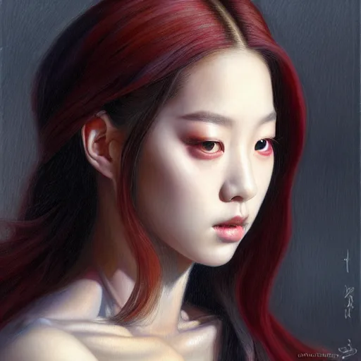 Image similar to a painting of jisoo of blackpink in the style of donato giancola, and in the style of charlie bowater, and in the style of jules ferdinand jacquemart, symmetry, smooth, sharp focus, semi - realism, photo realistic, dynamic lighting, artstation, poster, volumetric lighting, very detailed face, intricate complexity, 8 k, award winning