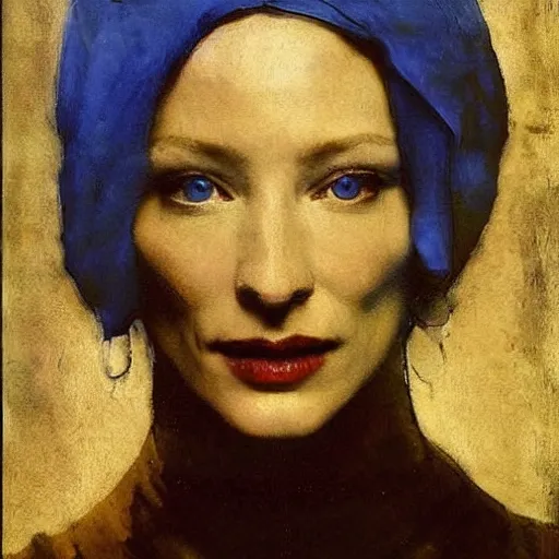 Image similar to cate blanchett by Annie Swynnerton and Nicholas Roerich and Vermeer, strong dramatic cinematic lighting , ornate headdress , lost civilizations, smooth, sharp focus, extremely detailed