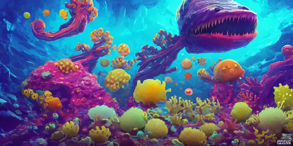 Image similar to of a colorful deep sea under water with strange cute friendly happy creatures with huge eyes, mouth, long tongue and round teeth appearing from sandy coral, in the style of gehry and gaudi, macro lens, shallow depth of field, ultra detailed, digital painting, trending artstation, concept art, illustration, cinematic lighting, photorealism, epic, octane render