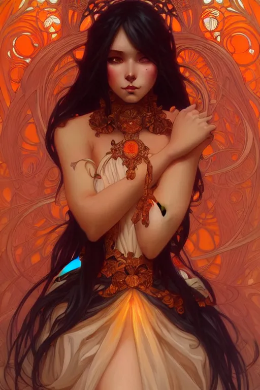 Prompt: orange, dark fantasy, intricate, elegant, highly detailed, digital painting, artstation, concept art, matte, sharp focus, illustration, art by artgerm and alphonse mucha