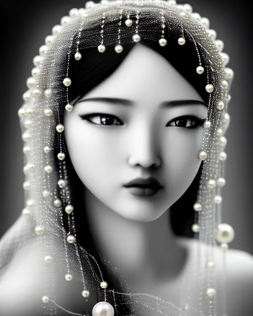 Image similar to black and white dreamy young beautiful veiled female artificial intelligence, realistic pearl ornament in the face, long hair are intricate with highly detailed realistic pearls, cinematic, rim light, bokeh, photo - realistic, elegant, high detail, 8 k, masterpiece, photo taken in 1 9 3 0