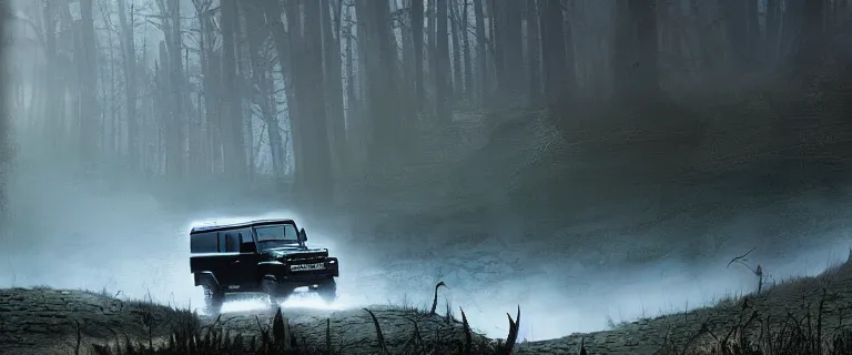 Image similar to Land Rover Defender 110 (1985), an epic fantasy, dramatic lighting, cinematic, establishing shot, extremely high detail, photorealistic, cinematic lighting, artstation, by simon stalenhag, The Elder Scrolls III: Morrowind, the Nerevarine drives across Morrowind, strange flora, Betty Netch floating around