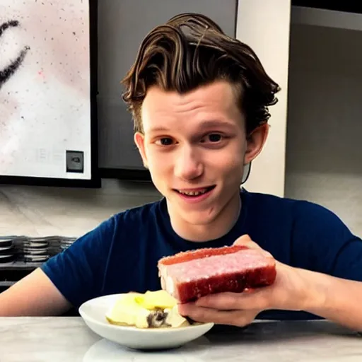 Image similar to Tom Holland eating spam musubi