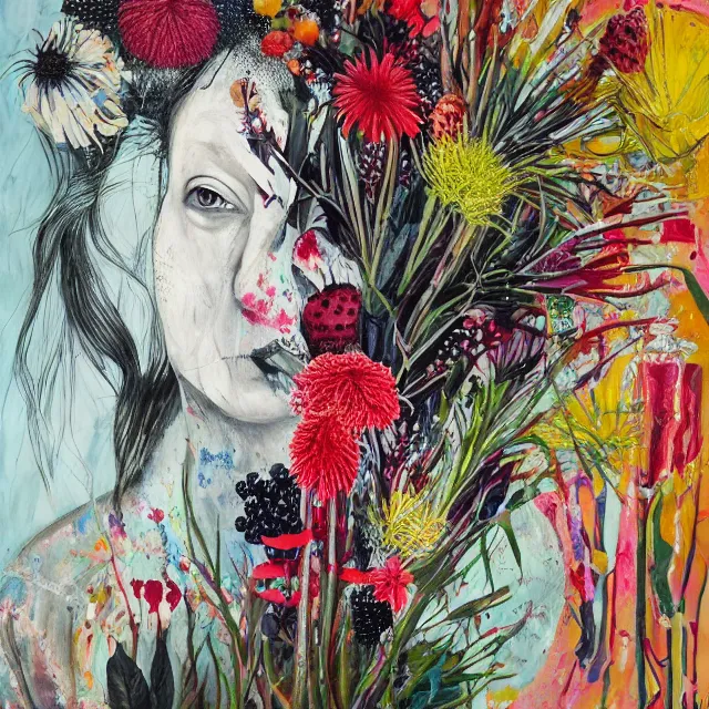 Image similar to “ a portrait in a female art student ’ s apartment, australian wildflowers, sensual, queer woman, flax, flannel flower, bottlebrush, eucalyptus, art supplies, a candle dripping white wax, clay, squashed berries, berry juice drips, acrylic and spray paint and oilstick on canvas, surrealism, neoexpressionism ”