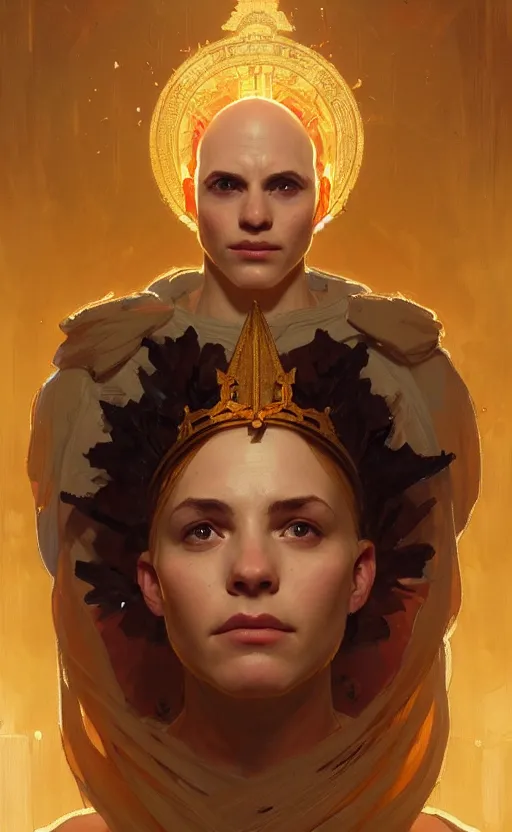 Image similar to a portrait of a young bald oracle, tired, staring at us, symmetry, symbolic elaborate painting, golden crown of light, art by aleksander brodzinski, greg rutkowski and alphonse mucha, trending on artstation