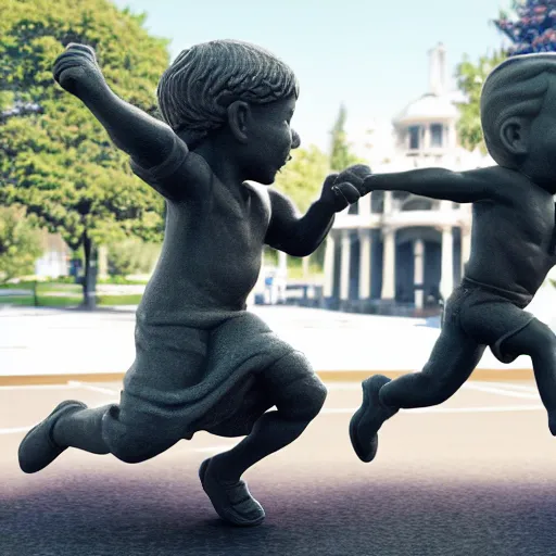 Image similar to a statue of joe biden chasing a child, octane render, 3 d render, 4 k, hyper realistic, super detailed.