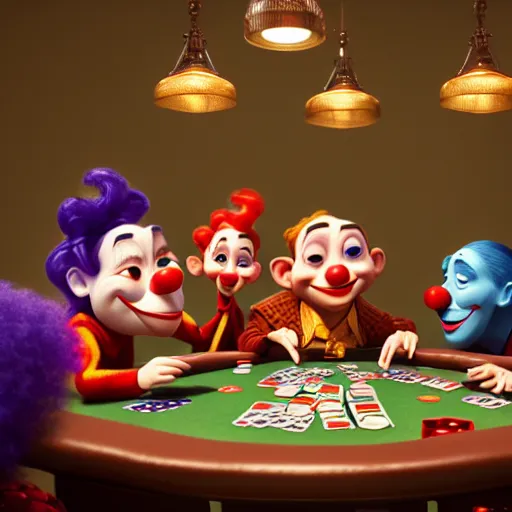 Image similar to pixar clowns playing poker, smiling maniacally | glamorous oily soft polished rich ornate modern | weta disney pixar movie still photo | hi - fructose, sci fi fantasy, smooth, octane render, sharp focus, artstation, concept art | artgerm, mucha, rutkowski, feng zhu, wlop, loish