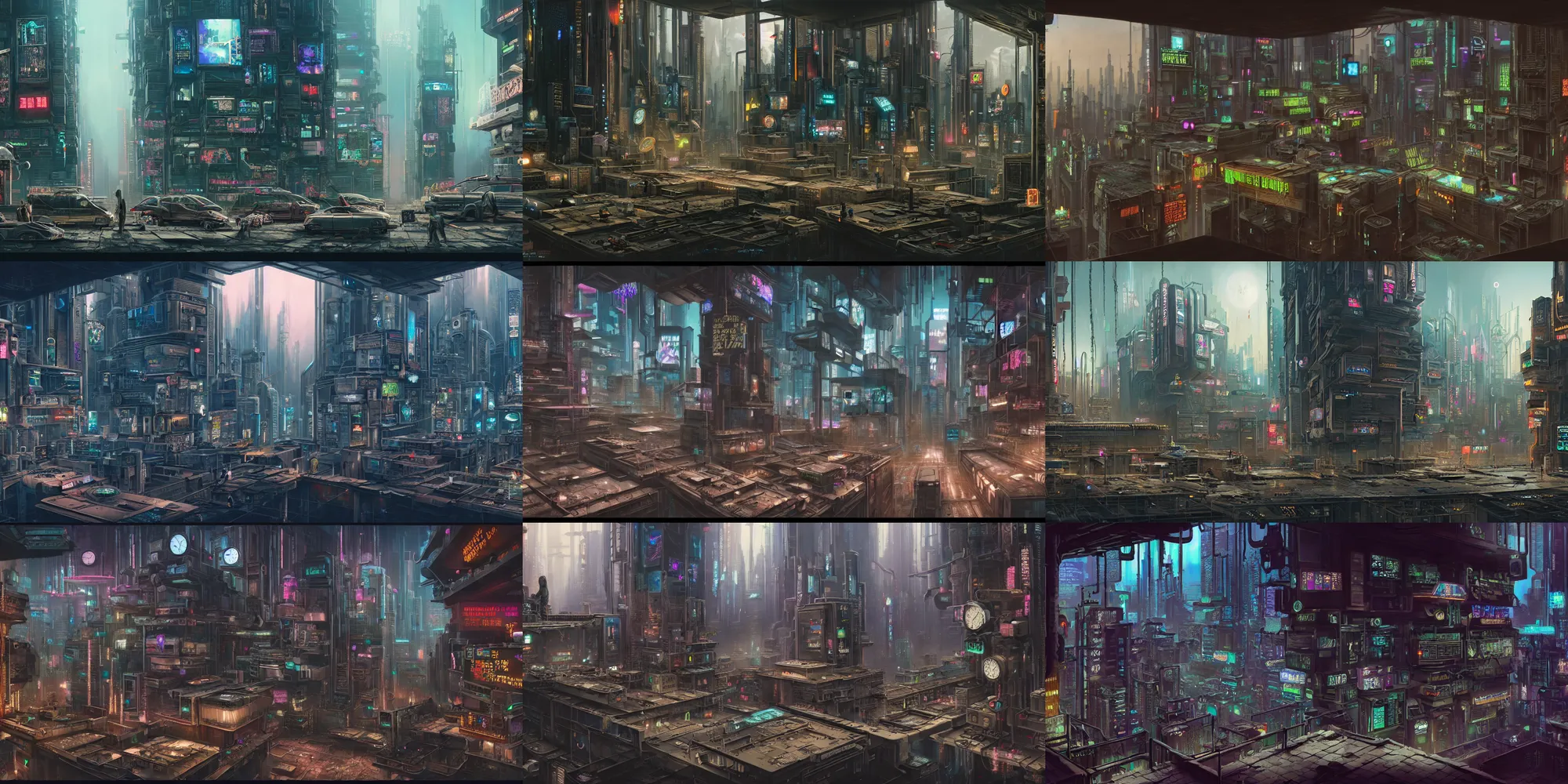 Prompt: detailed and intricate matte painting of a cyberpunk story about the dangers of modernization. it kicks off in a laboratory with the sentence for the second time in a day, the clocks around the world stopped.