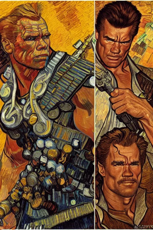 Image similar to character art the contra, bill rizer, arnold schwarzenegger, by karol bak, jean deville, gustav klimt, and vincent van gogh