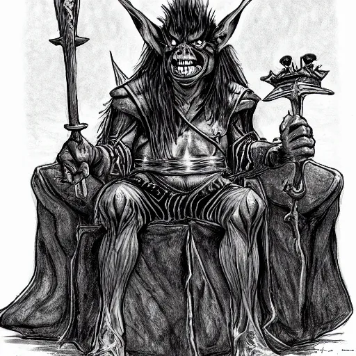 Image similar to goblin king, sitting on a throne, surrounded by his minion, dark fantasy, in the style of ted nasmith