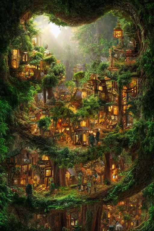 Prompt: a miniature city built into the trunk of a single colossal tree in the forest, with tiny people, in the style of james c christensen, lit windows, close - up, low angle, wide angle, awe - inspiring, highly detailed digital art