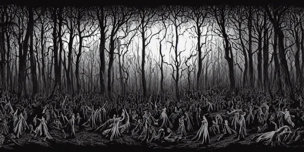 Image similar to masterpiece demons, vampires and witches dancing in the scary woods at dusk, by jeffrey smith and stanley donwood. volumetric lighting, photorealistic, intricate, trending on artstation 8 k