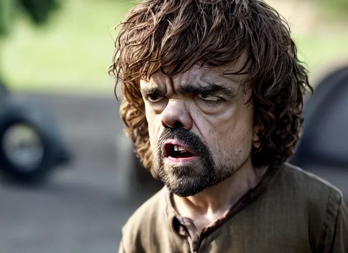 Image similar to peter dinklage knife in mouth running, movie still, from the new scream movie, 8 k, realistic