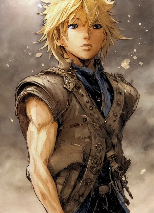 Prompt: an epic fantasy comic book style portrait painting of a young blonde boy thief final fantasy character, by takehiko inoue and kim jung gi and hiroya oku, by thomas kinkade and greg rutkowski and ilya kuvshinov, masterpiece illustration, ultrarealistic, perfect face and anatomy, golden ratio
