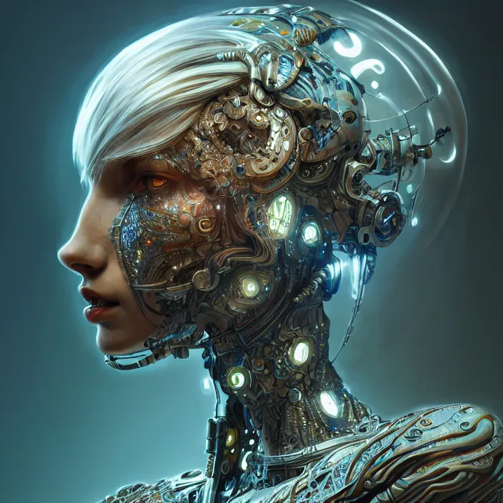 Prompt: organic cyborg, diffuse lighting, fantasy, intricate, elegant, highly detailed, lifelike, photorealistic, digital painting, artstation, illustration, concept art, smooth, sharp focus, art by skunkyfly and kelogsloops