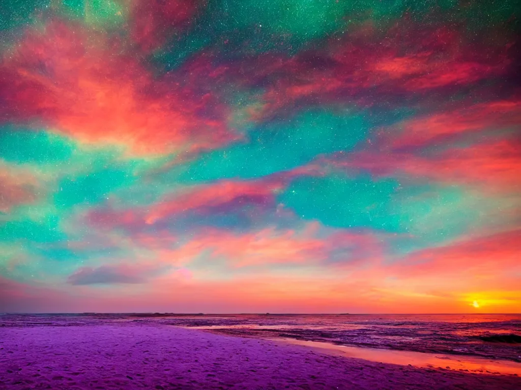 Image similar to purple tornado, red sand beach, green ocean, nebula sunset
