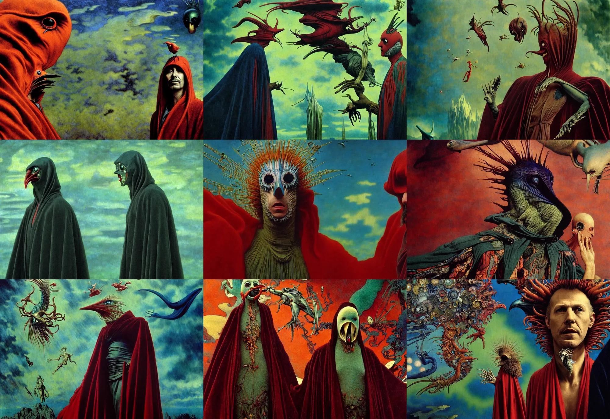 Image similar to realistic detailed portrait movie still of a birdman wearing dark robe, sci fi landscape background by denis villeneuve, amano, yves tanguy, alphonse mucha, ernst haeckel, max ernst, roger dean, masterpiece, rich moody colours, snarling dog teeth