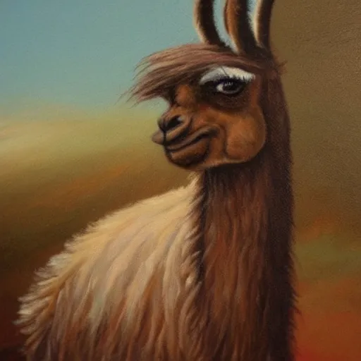 Image similar to an oil painting of a llama wearing fancy dress