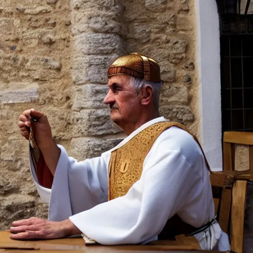 Image similar to a man wearing a roman costume drinking a coffee in alhaurin de la torre in spain