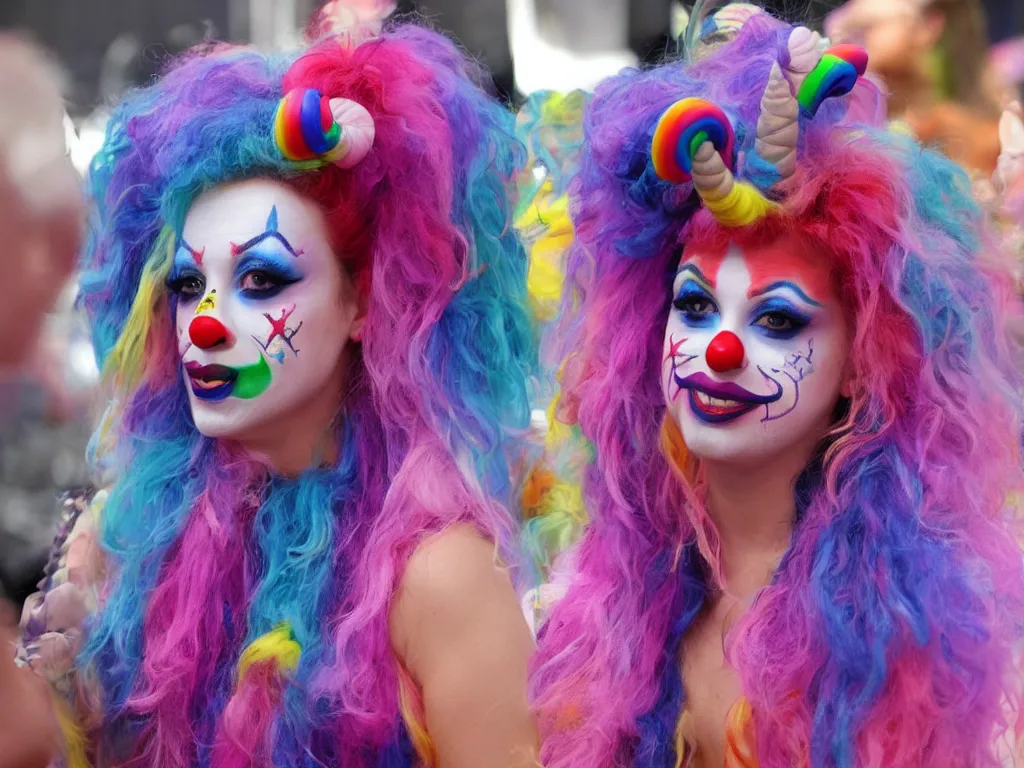 Image similar to a unicorn wearing clown makeup on American Idol