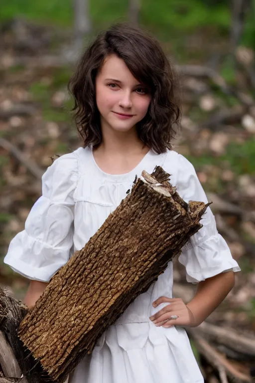 Image similar to a middle-school girl with unkempt wavy short brown hair wearing a white dress and holding a bundle of firewood, high resolution film still, 8k, HDR color, short hair