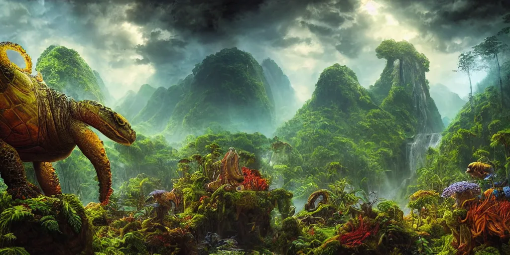 Image similar to fantasy oil painting, great leviathan, turtle cephalopod terrapin reptilian pachyderm amphibian hybrid, epic natural light, lush plants flowers, rainforest mountains, bright clouds, luminous sky, outer worlds, cinematic lighting, michael whelan, michael cheval, vray, 8 k hd