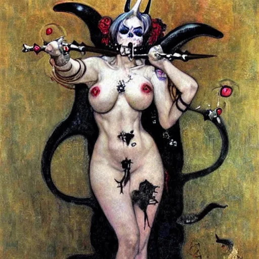 Prompt: lady death with horns, klimt, royo, miro, frazetta, whealan,