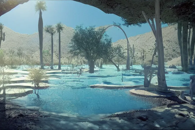 Prompt: desert oasis in a translucent casing electronic environment, ps 4 screenshot, still from a kiyoshi kurosawa movie, sanriocore, full sun lighting, caustic lighting