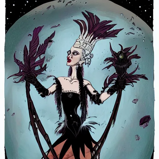 Image similar to Anna Pavlova as dark fae gothic atompunk evil Disney villain queen with black feather hair, feathers growing out of skin, in front of space station window, Mike mignola, trending on artstation, comic book cover, illustration