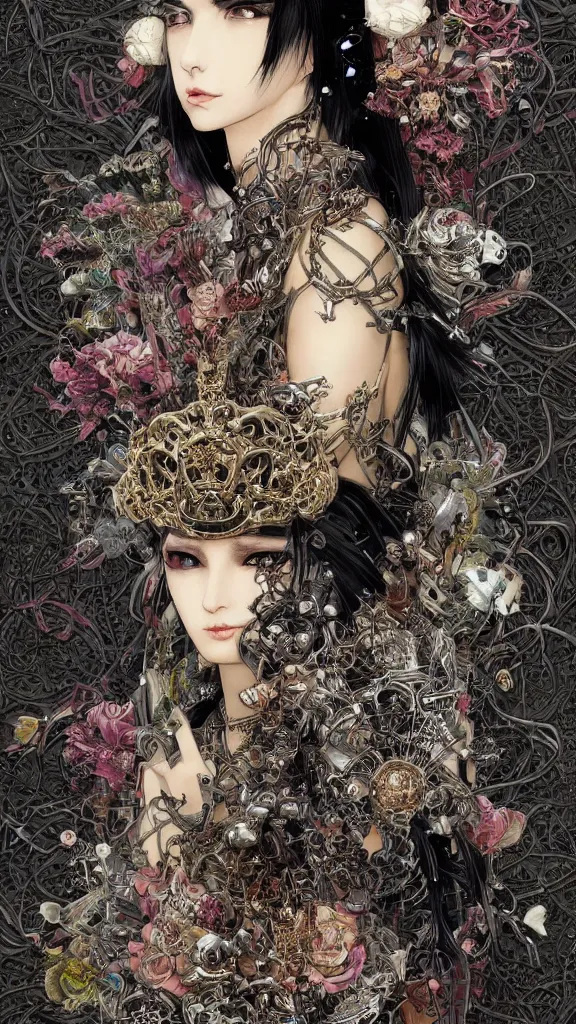 Image similar to cyberpunk fashion a beautiful black haired woman with pale skin and a crown on her head sitted on an intricate metal throne skin wrapped in flowers and wired, vintage style, by yoichi hatakenaka, masamune shirow, josan gonzales and dan mumford, ayami kojima, takato yamamoto, barclay shaw, karol bak, yukito kishiro