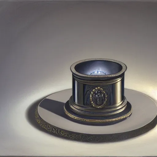 Image similar to in the center lays an ancient chromed artifact in the shape of a heavy signet ring, ornate with gentle iridescent shine from within. the ring lays on top of a pedestal. the pedestal is in front of a dark misty balcony at night. perspective from the side. realistic light and shadows. moody fantasy art, table still life renaissance pastel painting.