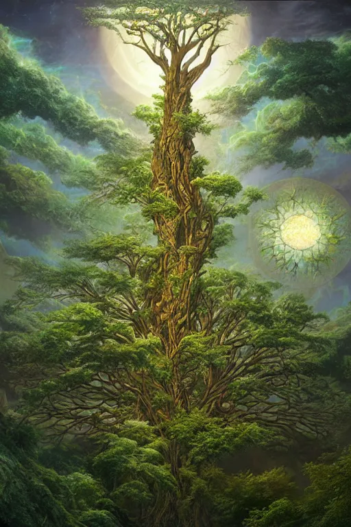 Image similar to tree of life, four seasons, volymetric light, highly detailed matte painting by ohrai, charlie bowater and mark brooks