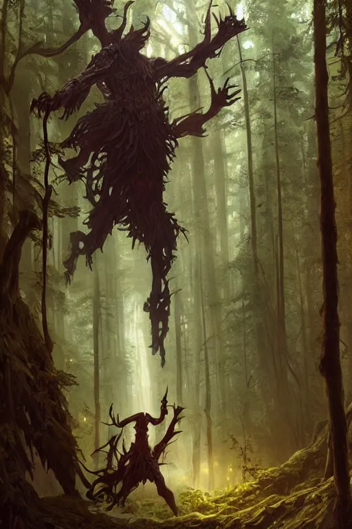 Prompt: giant woodland revenant looms over a tiny human, high fantasy, horror, dnd, highly detailed, smooth, sharp focus, chiaroscuro, digital painting, artgerm and greg rutkowski and alphonse mucha