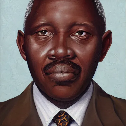 Prompt: a painting of a round face, XXL , smirky, fatherly, loving, caring, generous, ever-present, humble, wise elder from Kenya in a suit by Kehinde Wiley . Fatherly/daddy, focused, loving, leader, relaxed,. ethereal lights, details, smooth, sharp focus, illustration, realistic, cinematic, artstation, award winning, rgb , unreal engine, octane render, cinematic light, macro, depth of field, blur, red light and clouds from the back, highly detailed epic cinematic concept art CG render made in Maya, Blender and Photoshop, octane render, excellent composition, dynamic dramatic cinematic lighting, aesthetic, very inspirational, arthouse.