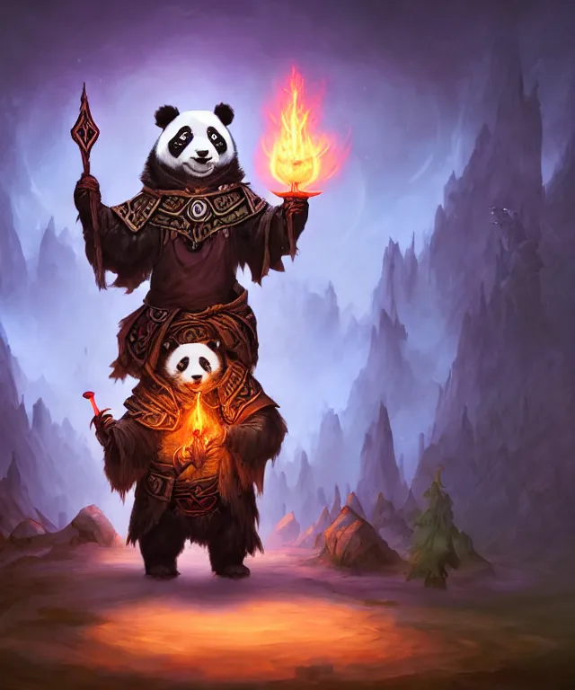 Image similar to a portrait an anthropomorphic panda shaman casting a spell, wearing mage robes, landscape in background, dnd character art portrait, world of warcraft style, by peter mohrbacher, cinematic lighting